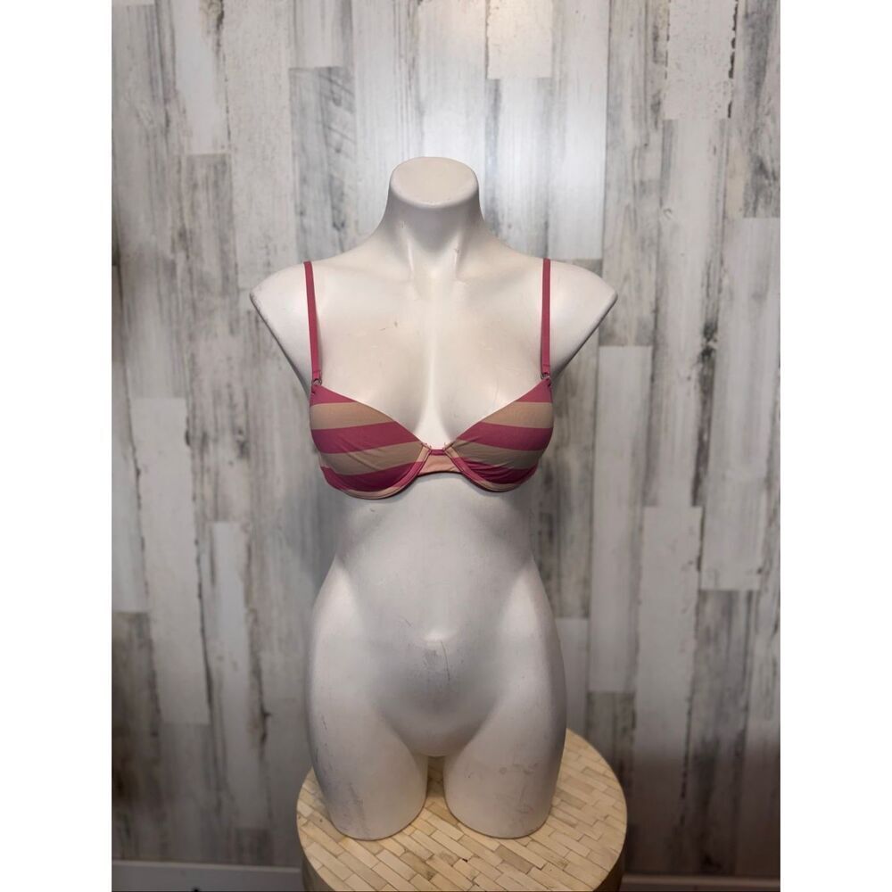 PINK Victoria's Secret Bra Womens 34A Pink Tan Striped T-Shirt Demi Underwire Cu